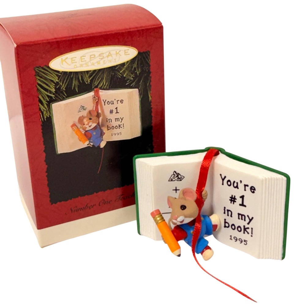 Hallmark Keepsake Ornament 1995 Number One Teacher Mouse Book‎ Vintage with Box